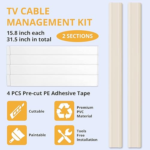 Miniatura 17 de Cubierta de cable de pared, ocultador de cable de TV de 31.5 pulgadas para TV montado en la pared, kit de gestión de cables de TV, canaleta de cable