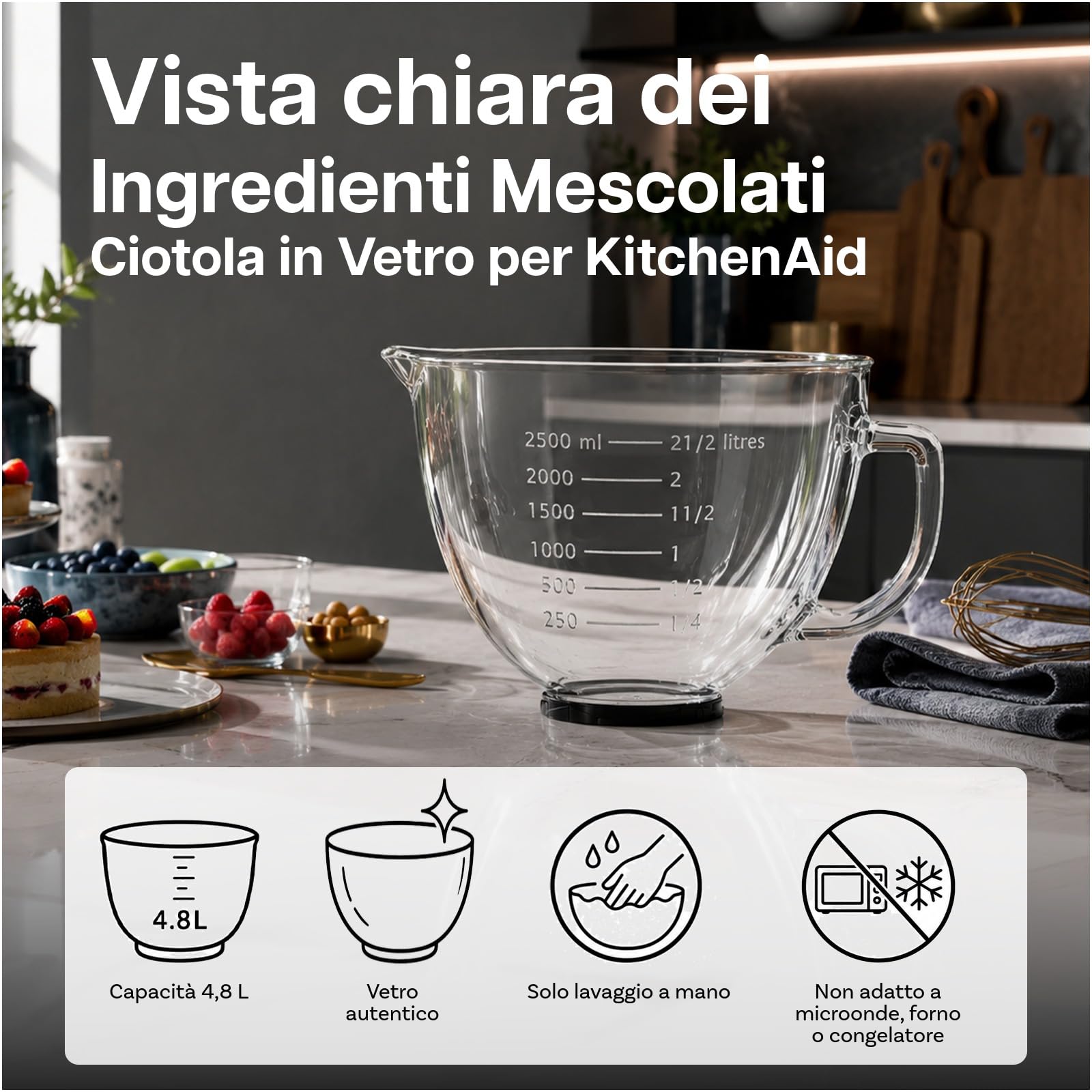 MMOBIEL Ciotola in Vetro per Mixer 4.8L per KitchenAid 4.3, 4.7/4.8L Planetaria con Ciotola Sollevabile Serie Artisan & Classic Manico, Beccuccio e Marcature di Misurazione – Lavaggio a Mano