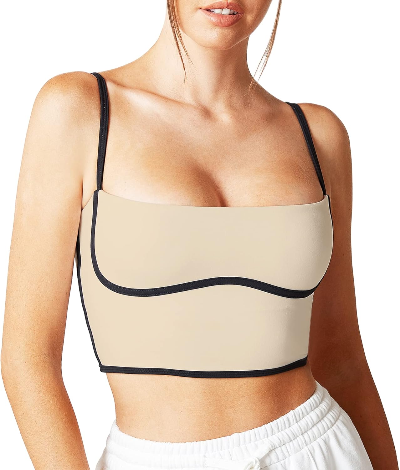 Move With You Sleeveless Spaghetti Strap Padded Sports Bra Tank Tops Square Neck Double Layer Workout Fitness Basic Crop Tops