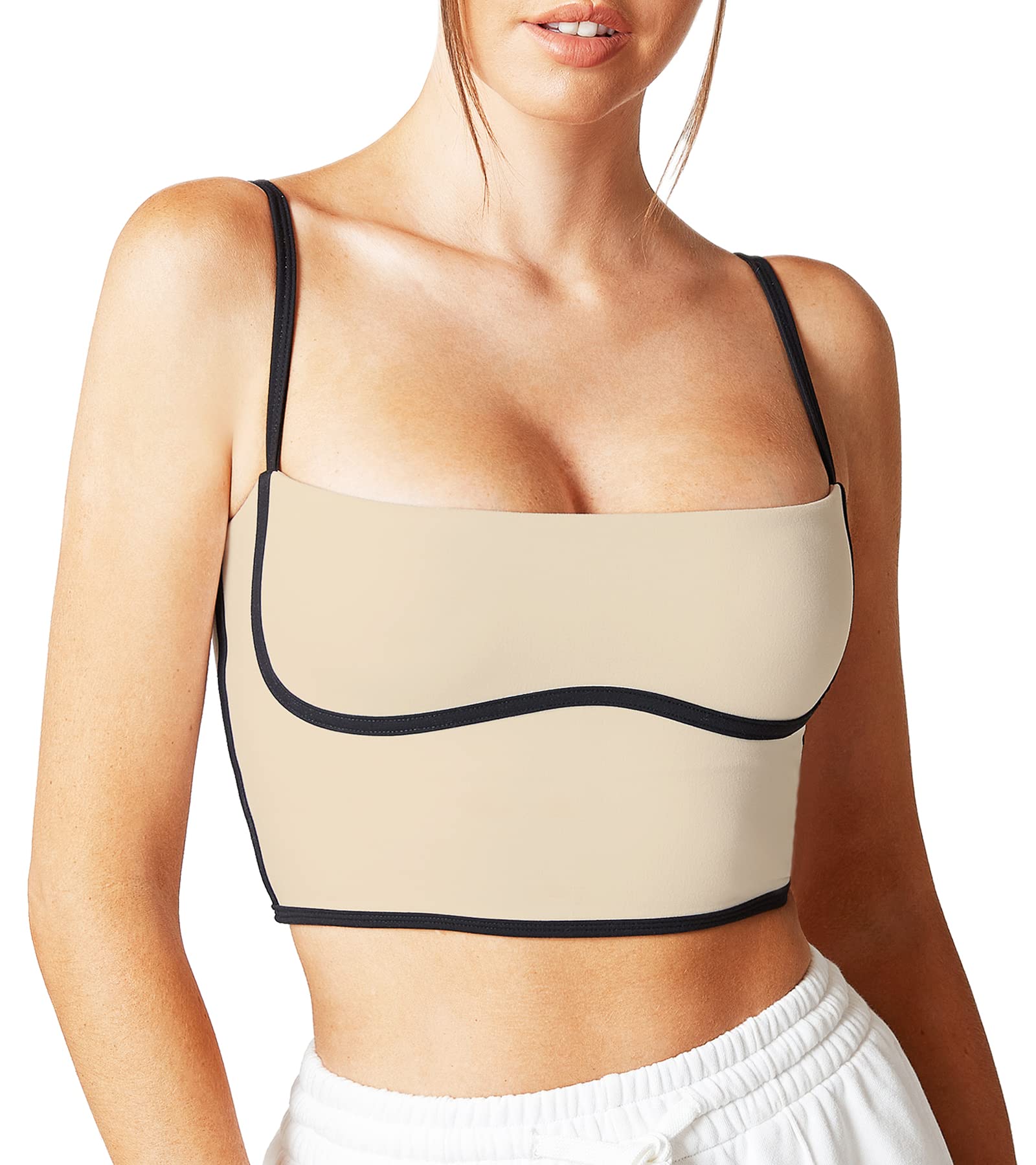 Move With You Sleeveless Spaghetti Strap Padded Sports Bra Tank Tops Square Neck Double Layer Workout Fitness Basic Crop Tops