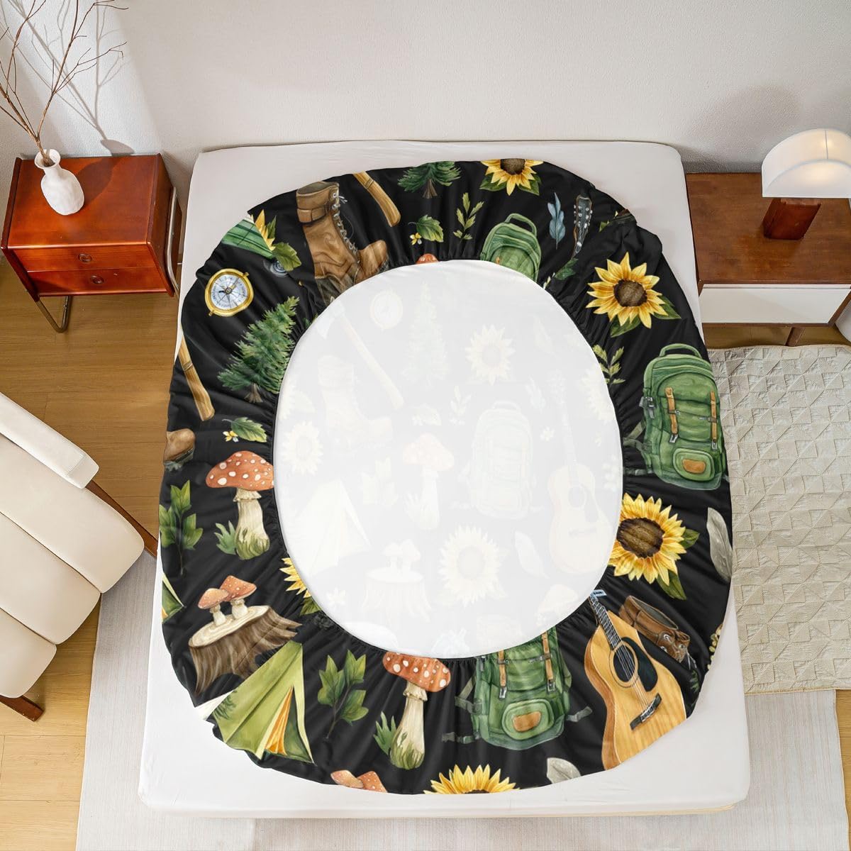 Erosebridal Vintage Camping Bedding Set Queen Retro RV Camper Compass Tent for Adults Fitted Sheet Sunflowers Pine Tree Bed Sheets,Rustic Farmhouse Style Bed Cover 3 Pcs