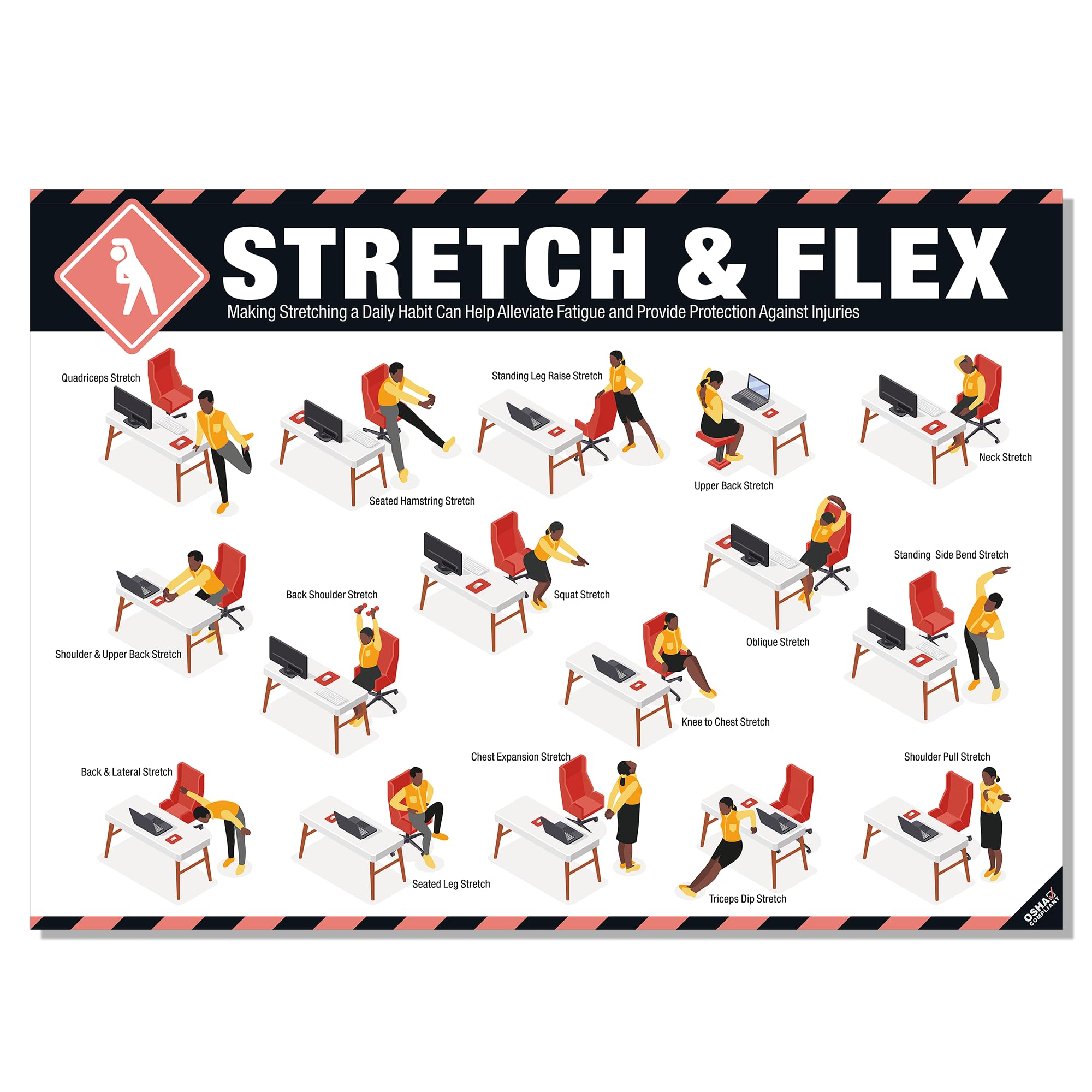 Stretch and Flex Poster 18" x 24" – OSHA Compliant Office & Workplace Stretching Guide, Full-Body Flexibility, Injury Prevention & Mobility Exercises,