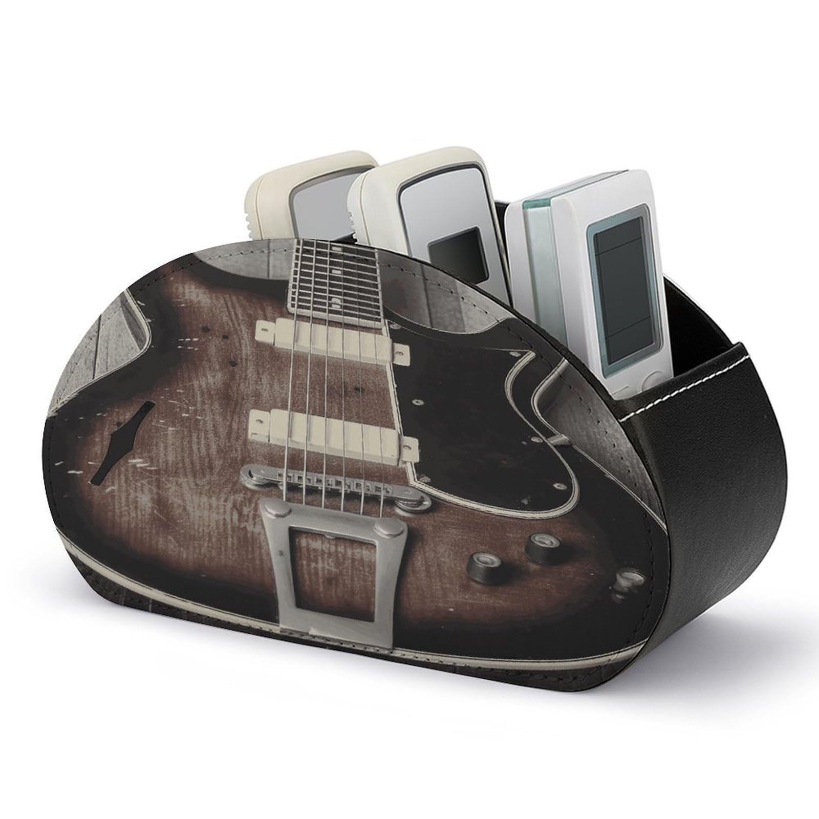 FekiLoot Vintage Guitar Remote Control Holder, PU Leather Remote Control Organizer Box Stationery Remote Control Box Desk Storage Organizer for DVDs,Glasses,Pens,Media Players