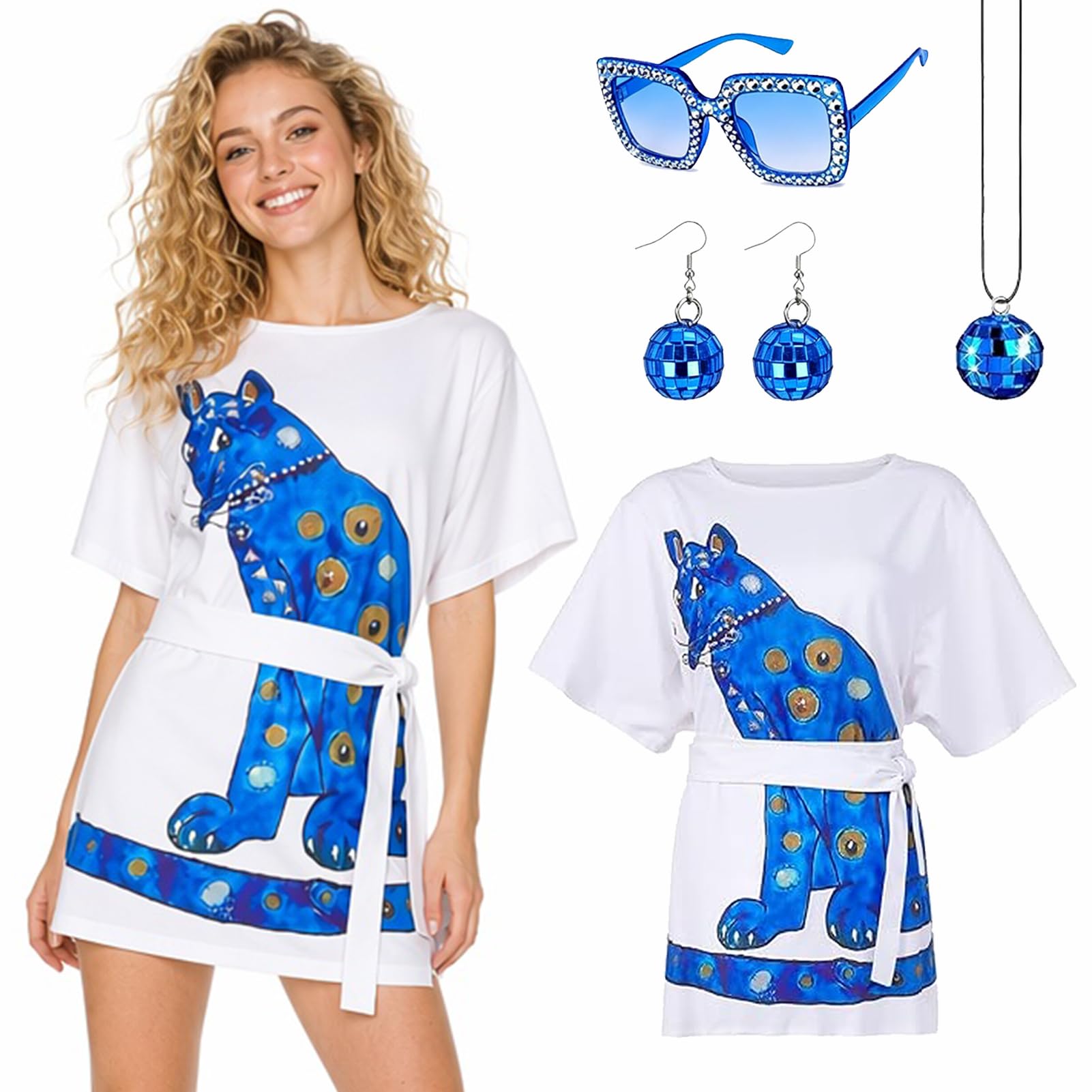 JRZYTX ABBA Costume Women Retro 70s Disco Print Dress Outfit with Accessories for ABBA Tribute Night 70s Theme Dance Party (Blue, M)