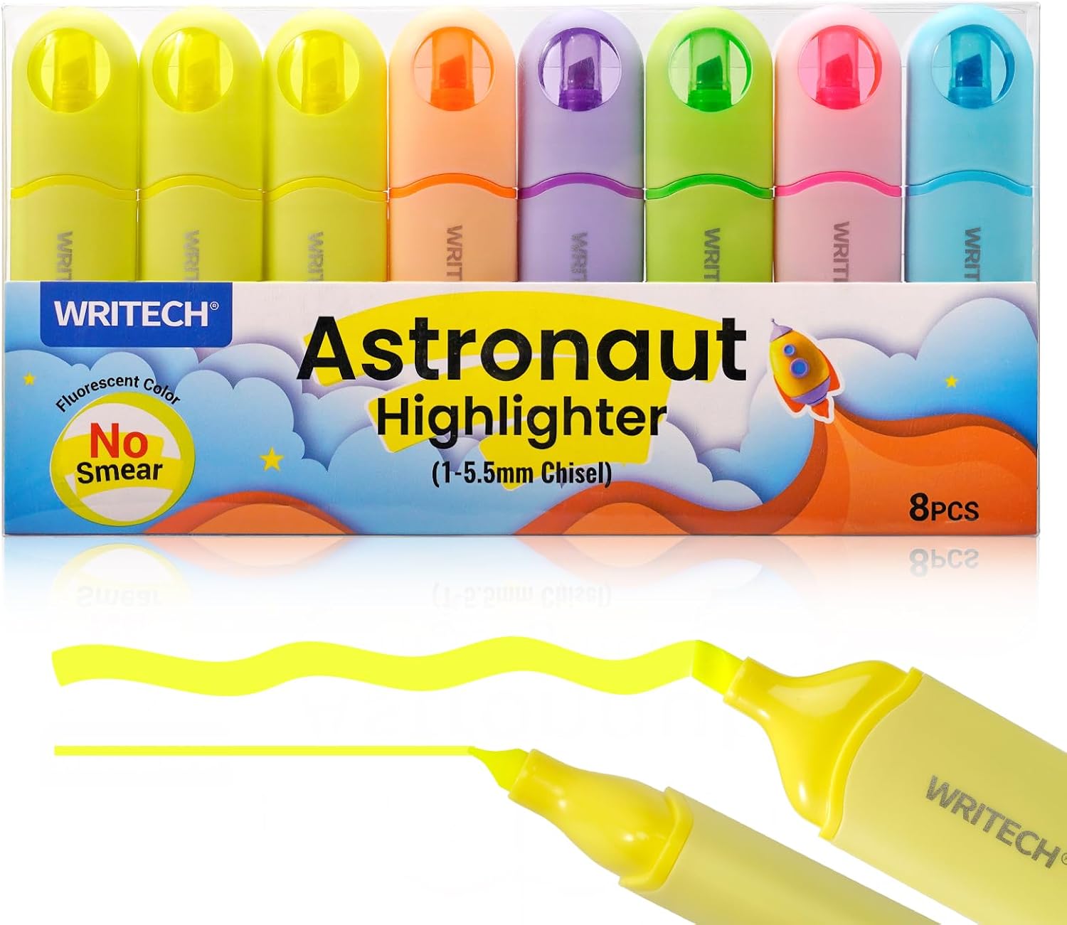 WRITECH Aesthetic Chisel Tip Highlighters: Assorted Neon Colors Cute Marker Pens Soft Tip Multi Colored No Bleed Smudge Smear for Highlighting Journaling Drawing 8ct.