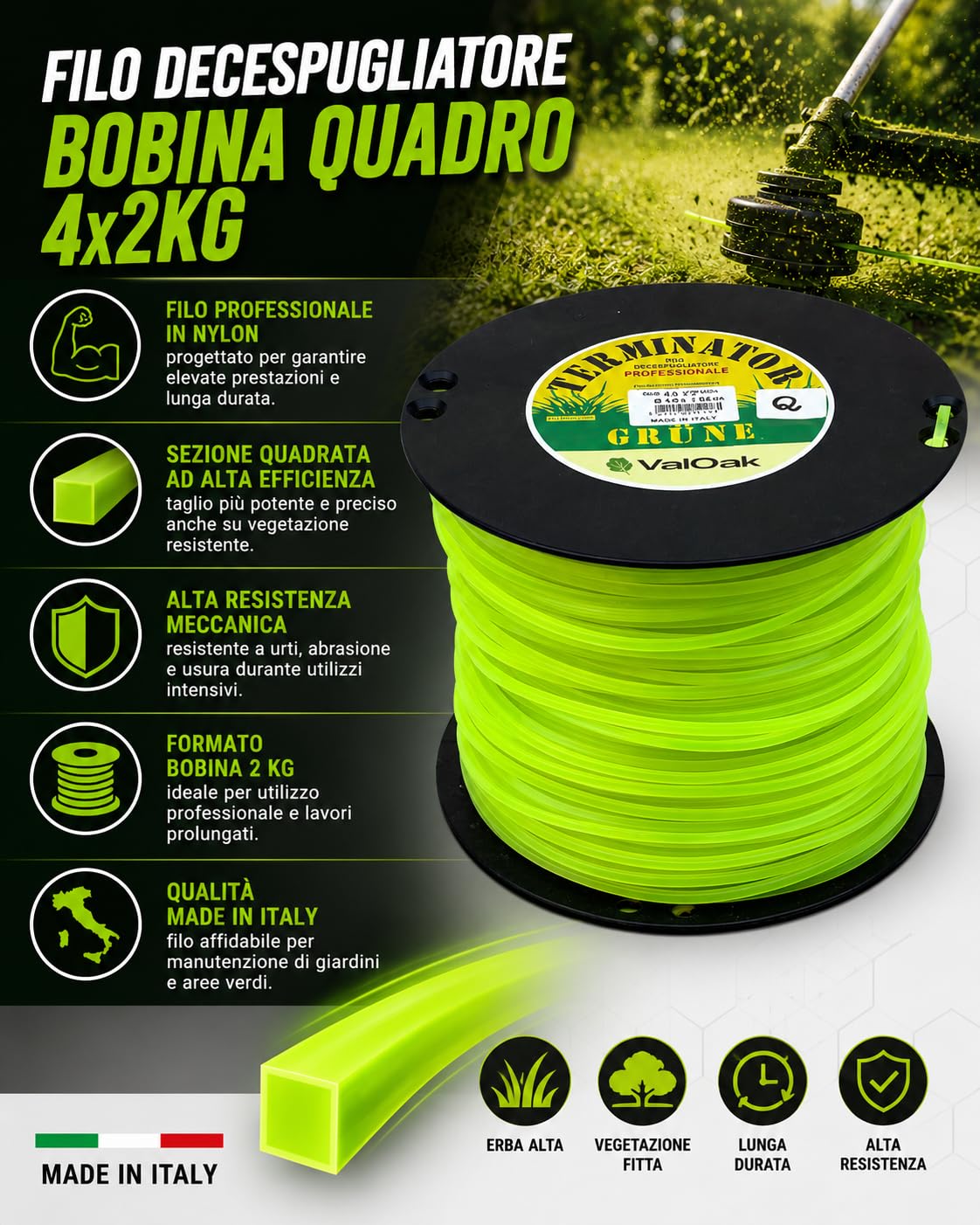 Valoak Filo Decespugliatore Quadro 4,0 mm Bobina 2 kg – Filo Professionale in Nylon ad Alta Resistenza | Sezione Quadrata per Taglio Potente | Made in Italy