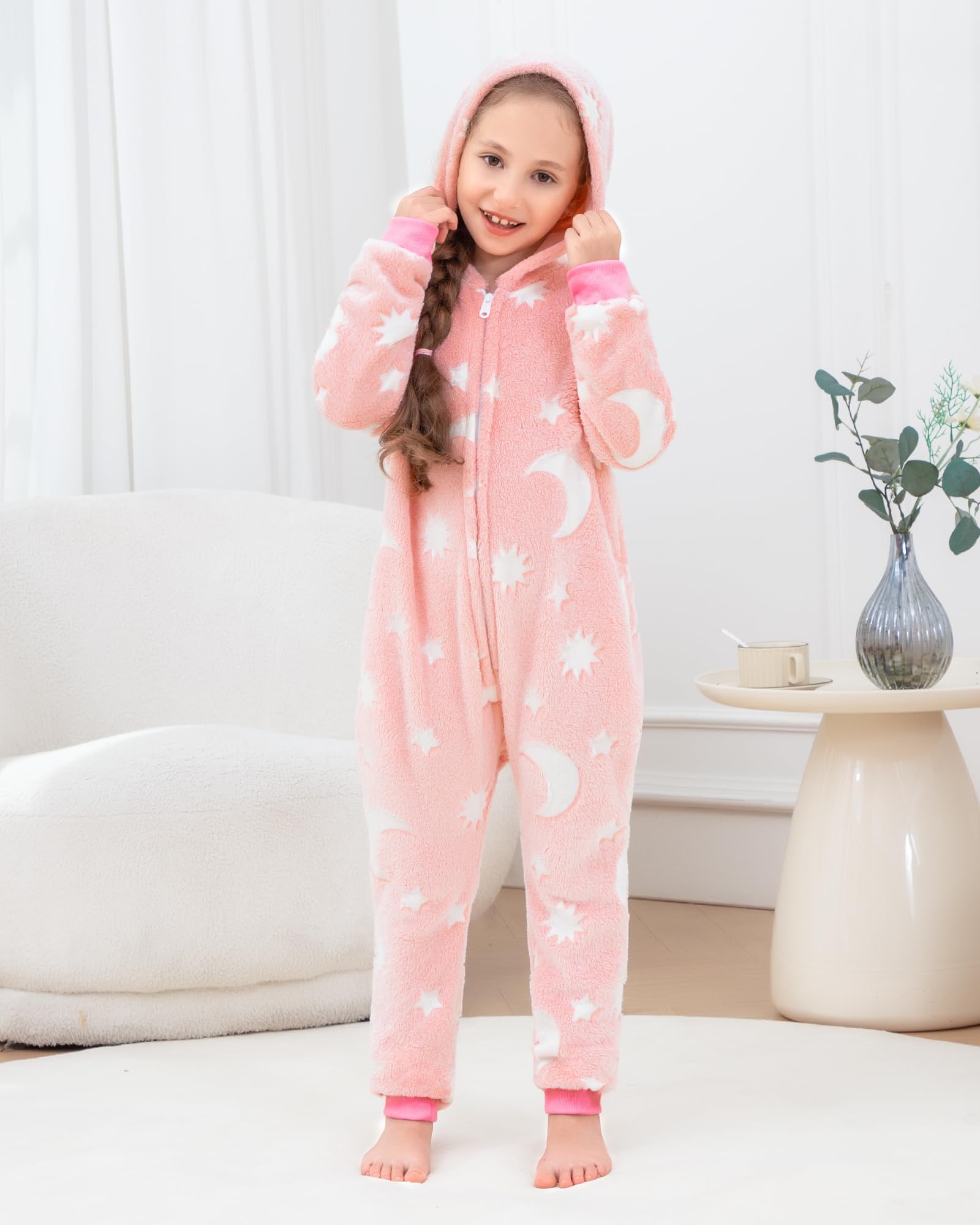 KAKU NANU Pyjama Une-Pièce Doux Et Chaud avec Capuche pour Fille 3-10 Ans-Fermeture Éclair,Poches 7 Couleurs Disponibles