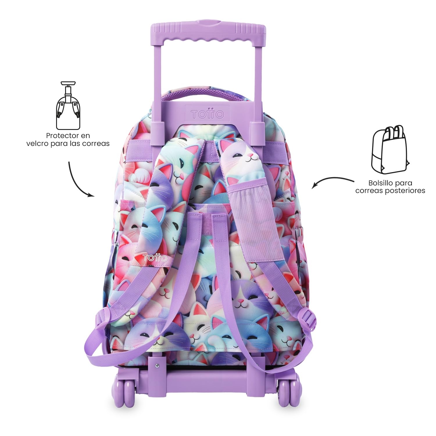 TOTTO Mochila Escolar con Ruedas Renglones 26,21 Litros Bolsillo PC 15,4" Resistente Estampado Mewsy 3D