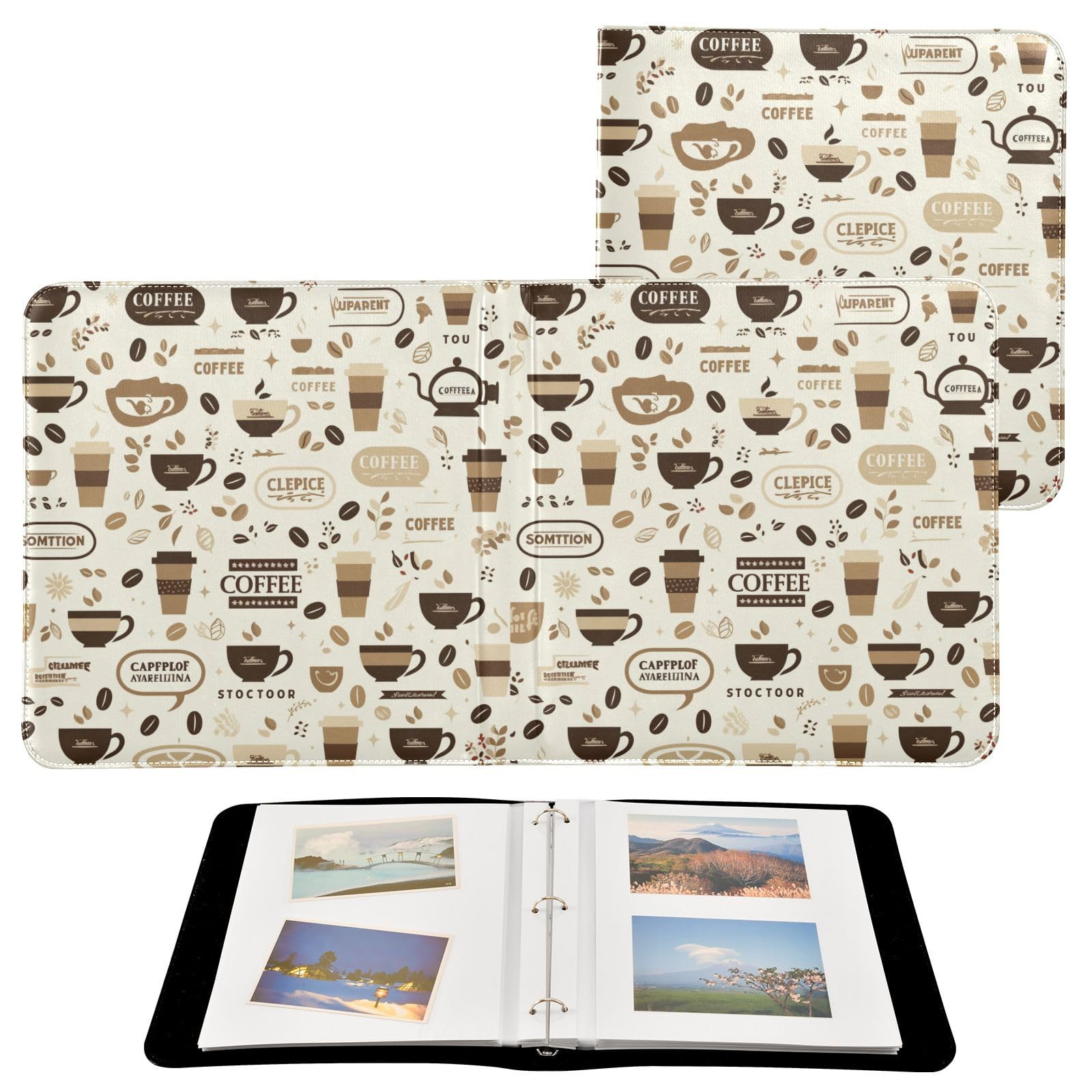 Kigai Cafe Pattern Photo Album Self Adhesive Scrapbook Album Leather Cover DIY Picture Scrap Book with 20 Adhesive Sheets, 11.8x24x0.8 inch