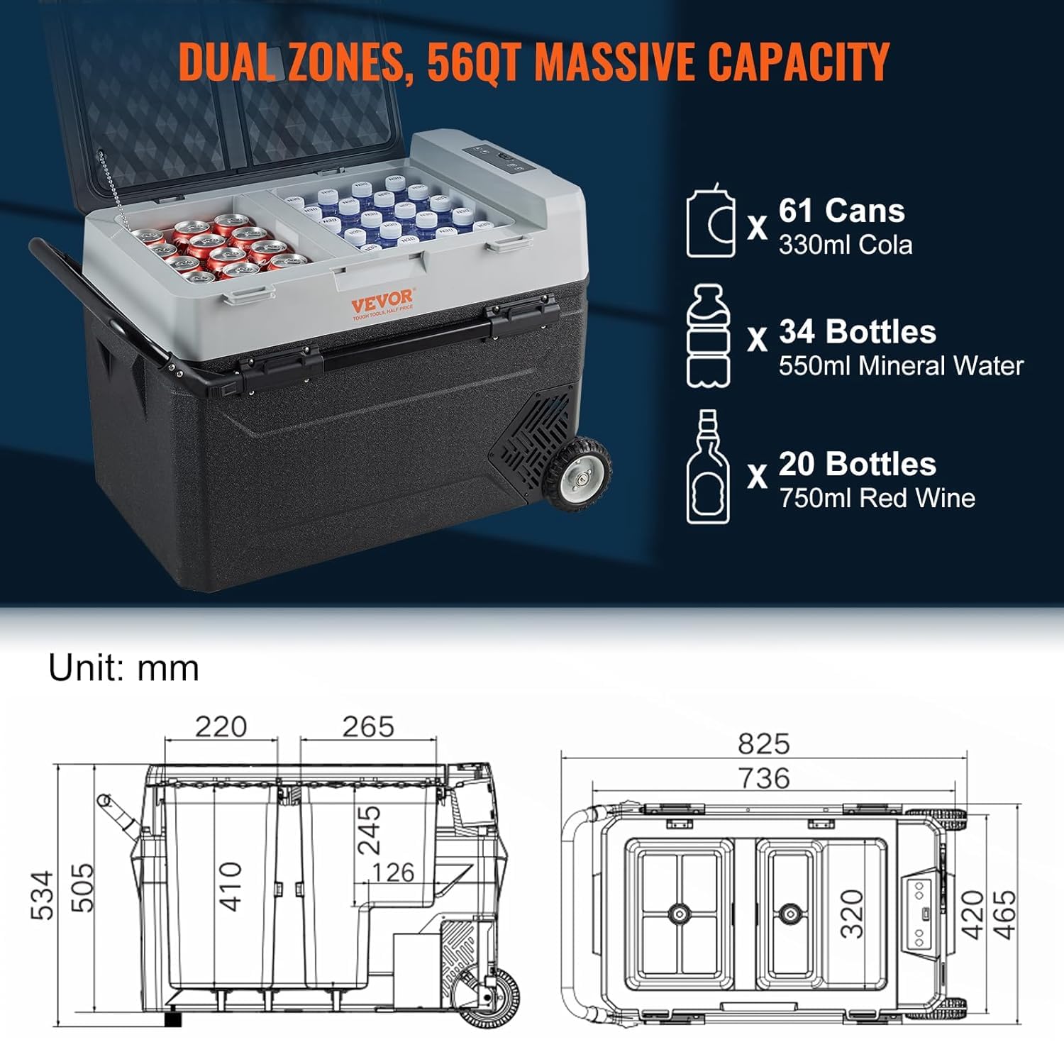 VEVOR Frigo Portatile per Auto, 53 Litri Frigorifero Compressore Congelatore Elettrico CC e CA per Campeggio con Manico Telescopico e Ruote 0,6kW.h da -20°C a 10°C Regolabile per Auto Camion Barca