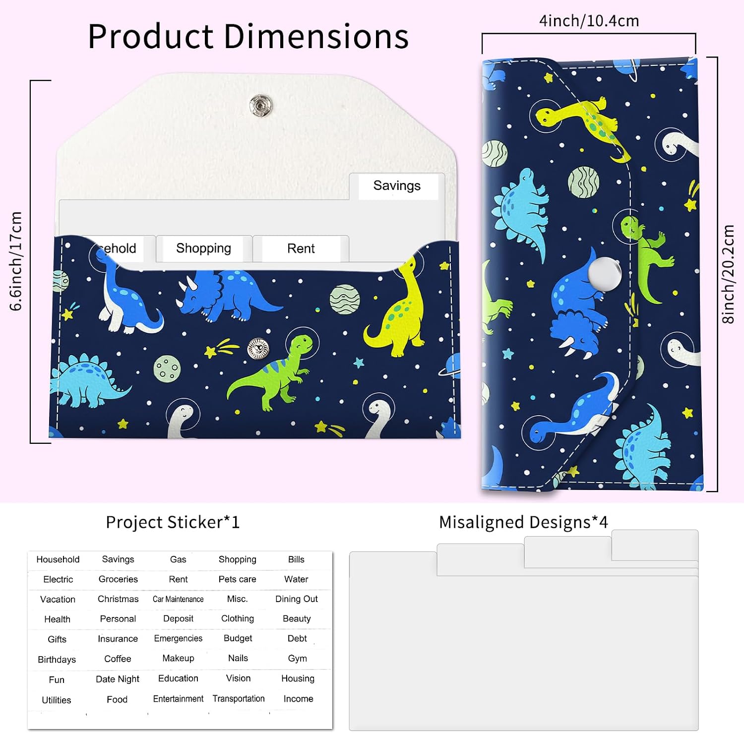 PU Leather Cash Envelopes Wallet, Reusable Money Savin Wallet, Cute Budget Envelope with 4 Dividers & 1 Sheets Budget Labels, Space Dinosaur image 4