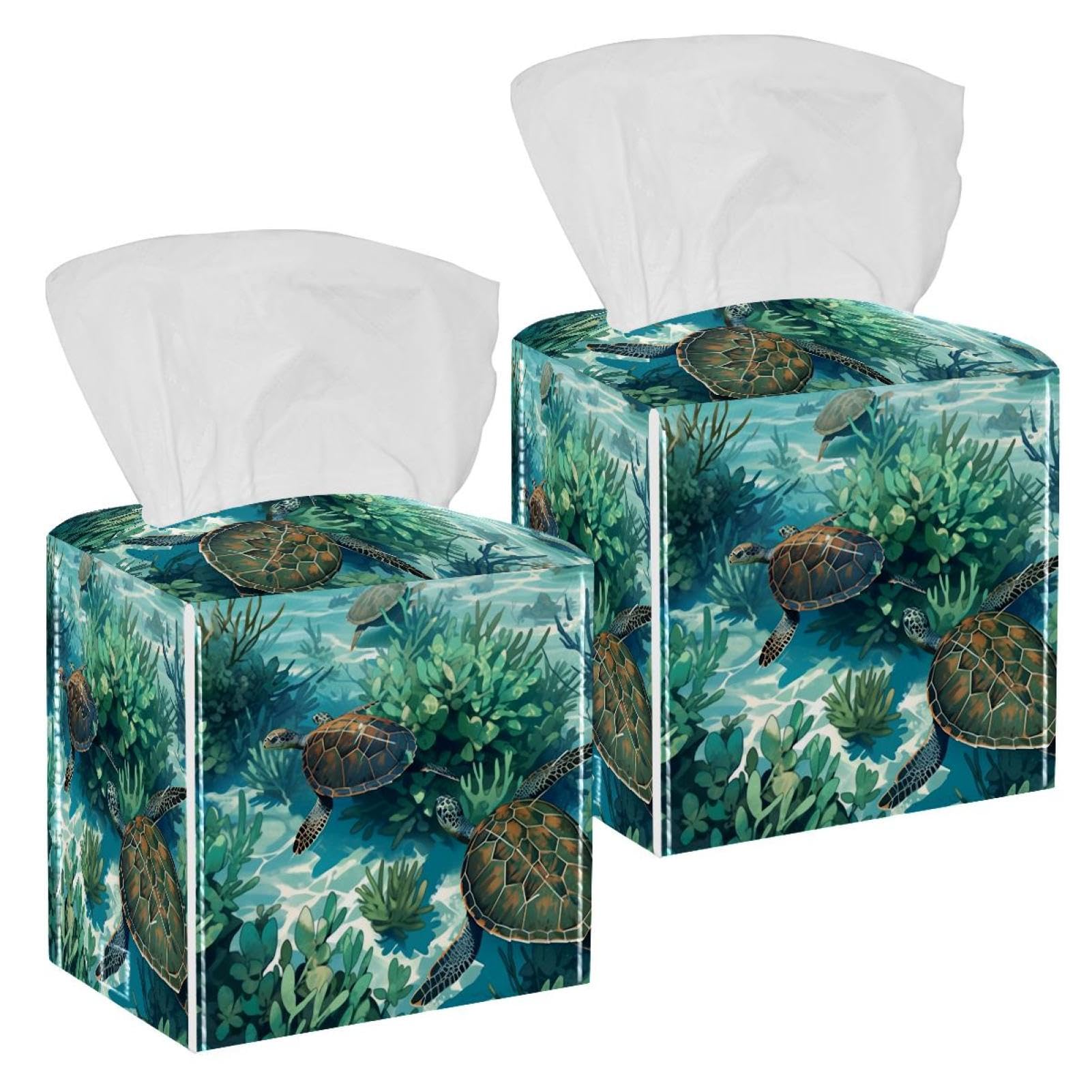 Corals and Turtles Tissue Box Cover, 2 Pack PU Leather Square Facial Tissue Dispenser Box holder for Home Office Car