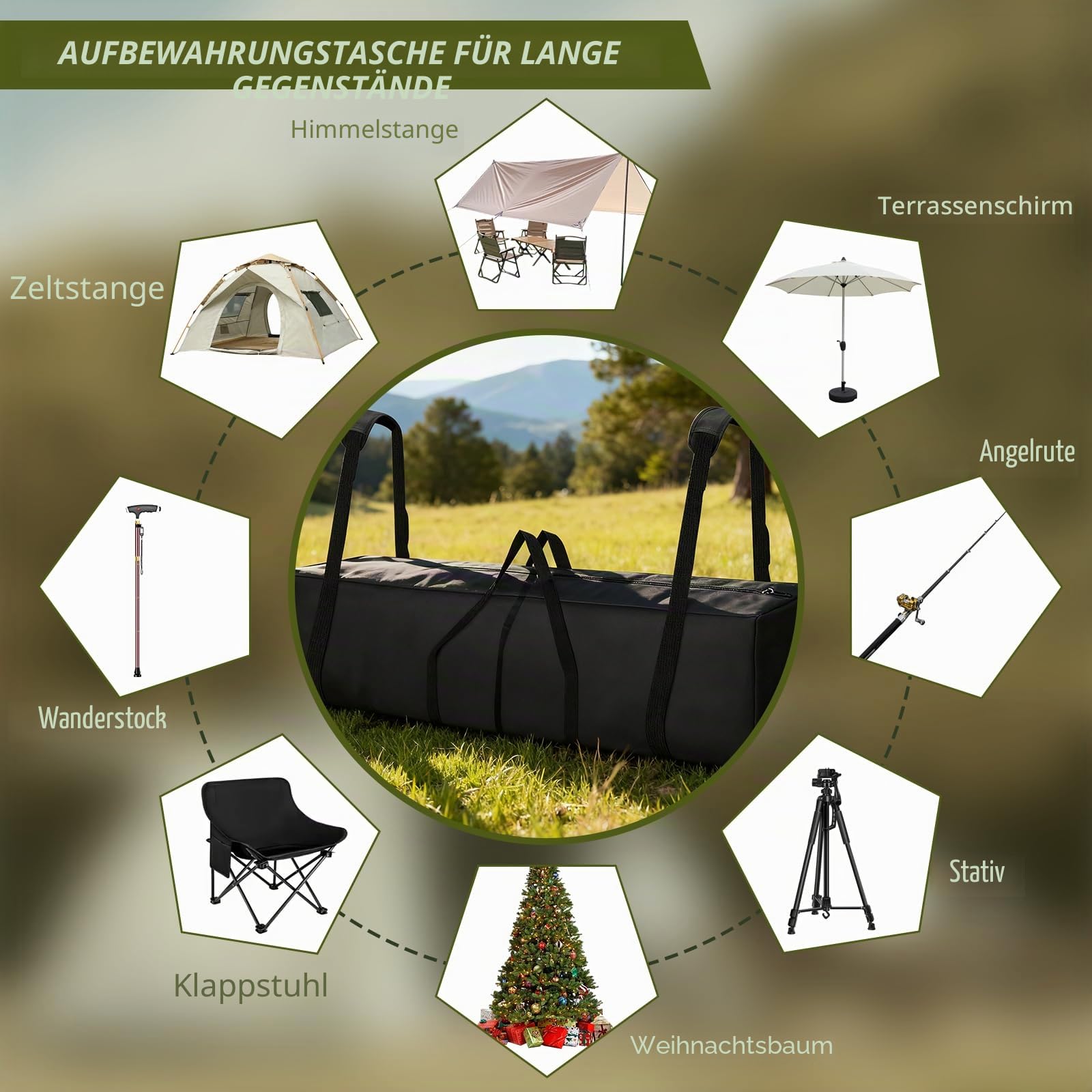 Zelttasche 210 cm, Tragbare Zeltstangentasche mit Gepolsterten Griffen & Zwei-Wege-Reißverschluss, Multifunktionale Camping Tasche, Angeltasche, Rutentasche, Stativtasche