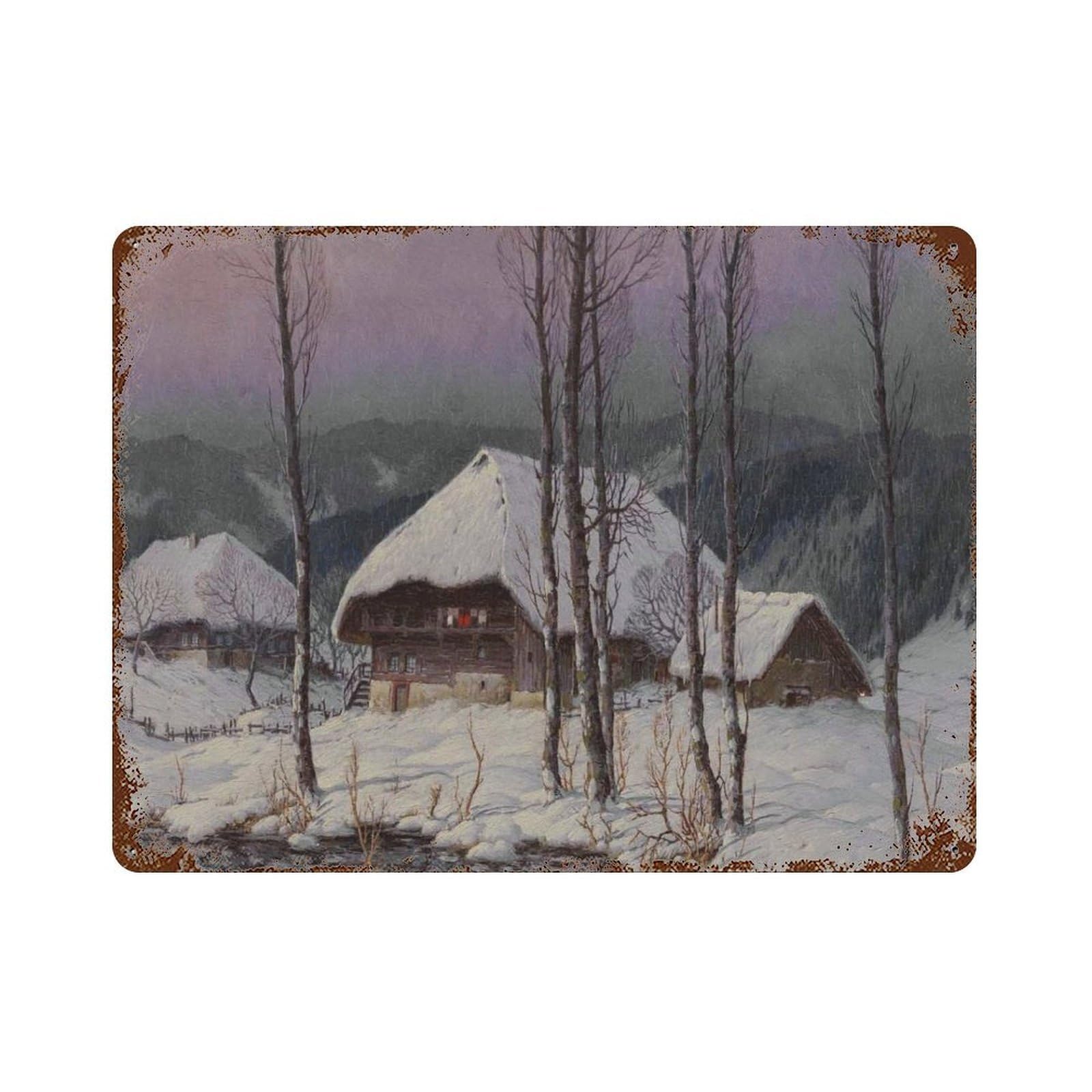 xiaoxiaoshen Winter Village Square Snow Scene Retro Landscape Painting Wall Decor Art Metal Tin Poster Modern Home Decor Art Home Bar Shop Decorations Vintage Sign 30x40cm