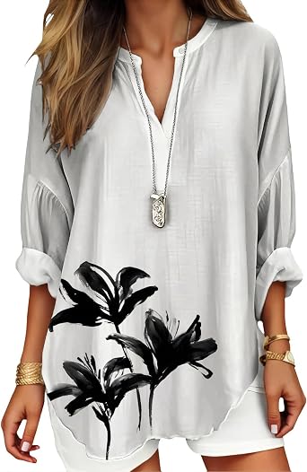 Womens Boho Geometric Print V Neck Tunic Top Casual Loose Fit Cotton Blend Long Sleeve Blouse for Summer Vacation