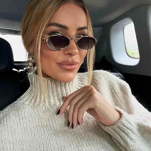 Miniatura 6 de Gafas de sol retro ovaladas de metal de los años 90 para mujer, elegantes y estrechas, doradas, modernas