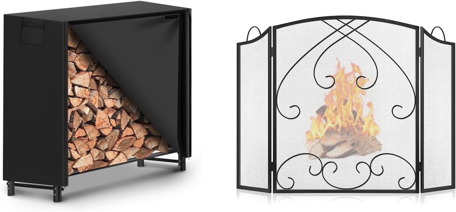Gtongoko 29in Fireplace Screen with Handle Bundle 4ft Firewood Rack Outdoor with Cover
