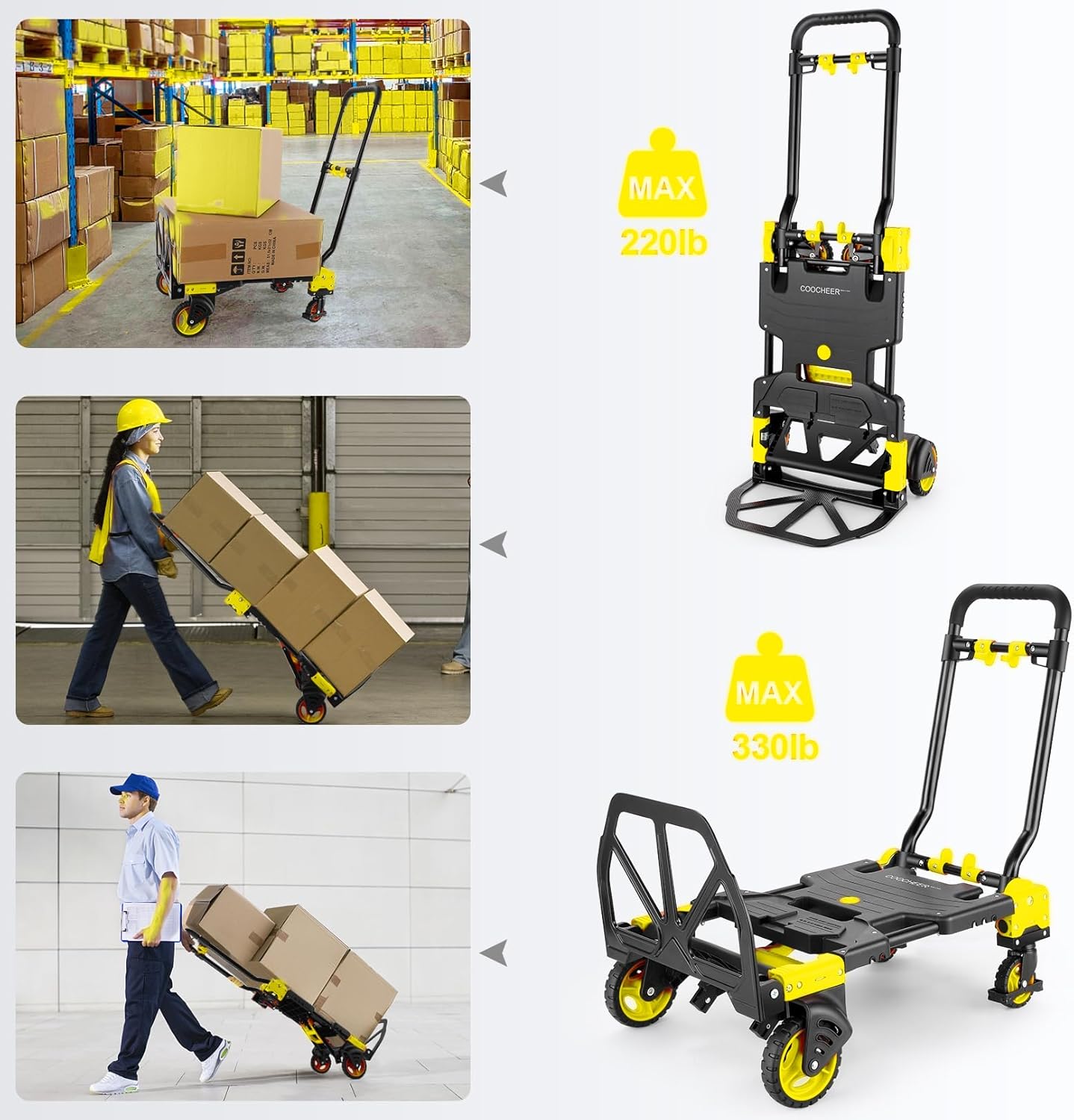 330LB Folding Hand Truck Heavy Duty Carrying, Combination of Four Wheels and Two Wheels Convertible Dolly Cart with Retractable Handle Dolly for Moving Office Carts(Yellow)