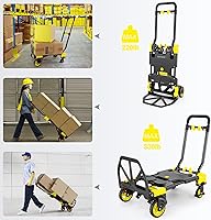 Vista 6 de Carretilla de Mano Plegable de 330 Libras para Carga Pesada, Combinación de Cuatro Ruedas y Dos Ruedas, Carrito Convertible con Mango Retráctil