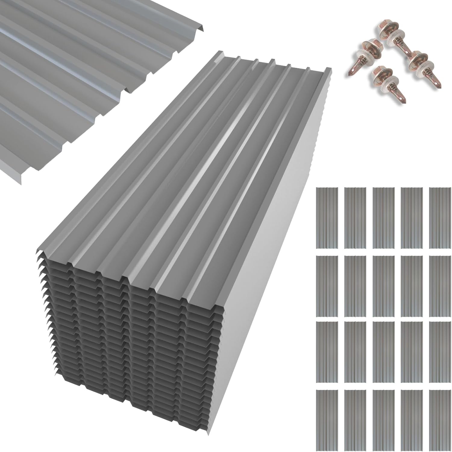 NeatiEase 20 Pcs Metal Roofing Panels, 5.1 Feet Corrugated Galvanized Roofing Panels Metal Siding Panels with Steel Screws for Pergola, Gazebo, Shed, Outdoor Storage, Chicken Coop, Patio,Garages 5ft-20pcs Gray
