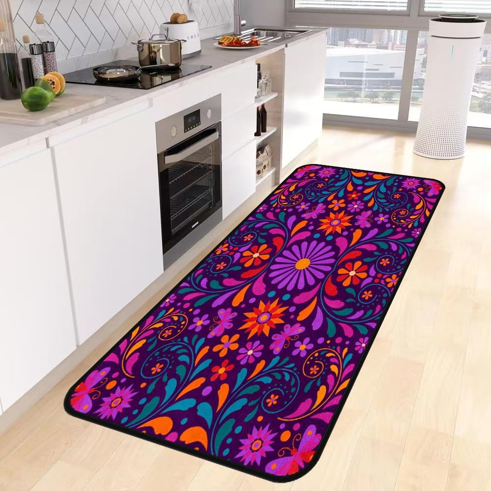 Pink Mexican Floral Kitchen Rug,Kitchen Runner Rug Non Slip
