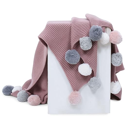 Haus and Kinder 100% Cotton Knitted Blanket for New Born Baby | Baby All Season AC Blankets | Quilt Wrapper for New Born Boy & Girl | Size 80 cm x 100 cm, 0 to 2 Years | Pom Pom Blanket (Musk Rose)