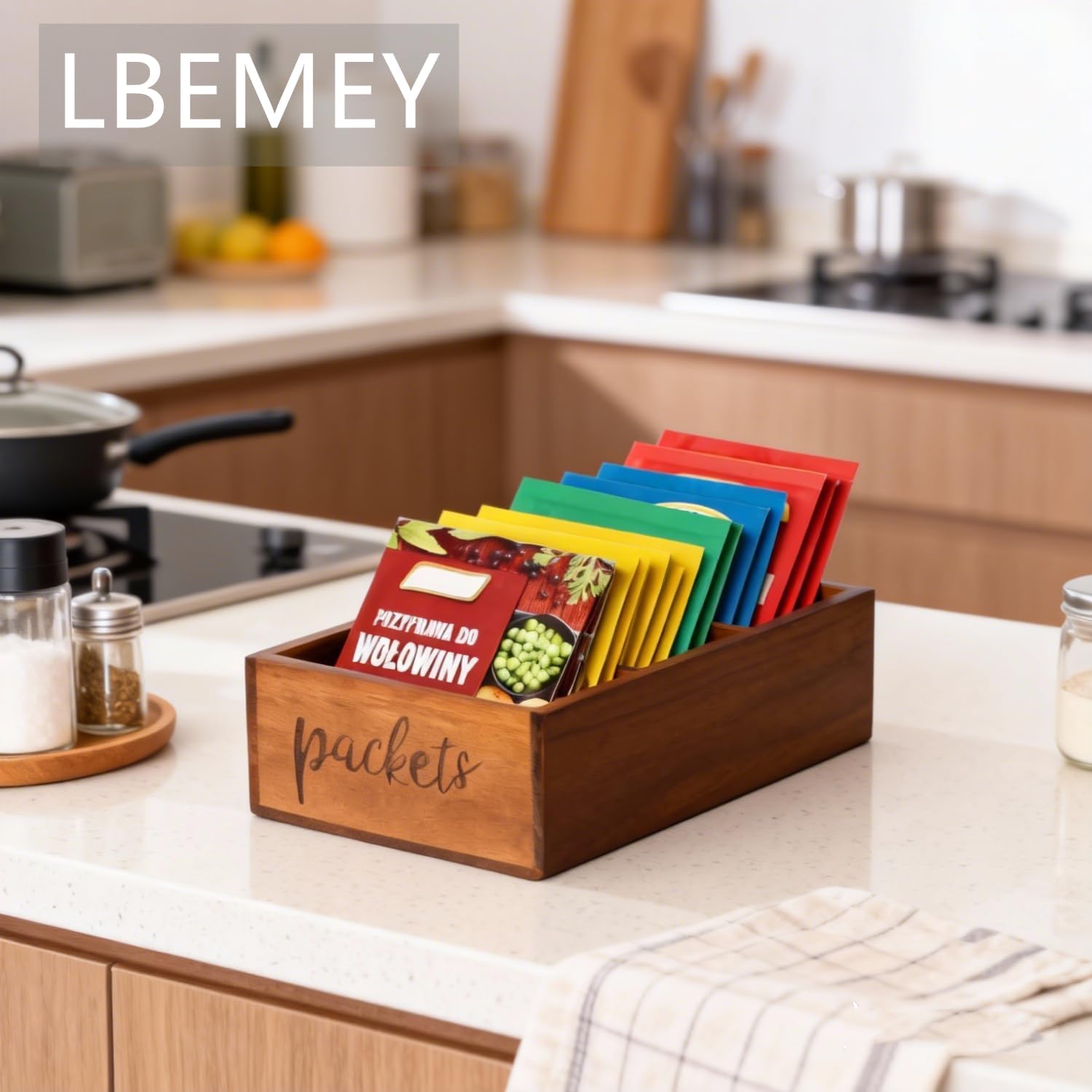LBEMEY Packet Organizer, Acacia Wood Packet Storage Organizer with 3 Compartments,Farmhouse Kitchen Organization for Spice, Gravy, Taco, and Dressings Packets for Kitchen, Brown Labeled Packets