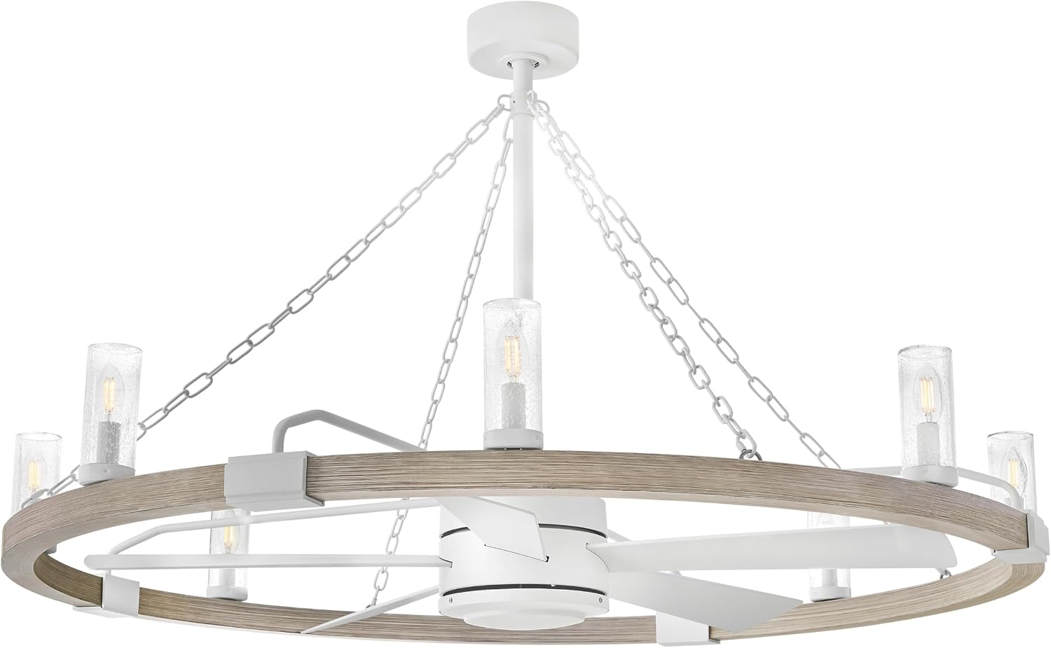 Hinkley Sawyer 52" LED Smart Fandelier, Rustic Style, Clear Seedy Glass, Matte White Blades, Matte White Finish with Weathered Wood Accent