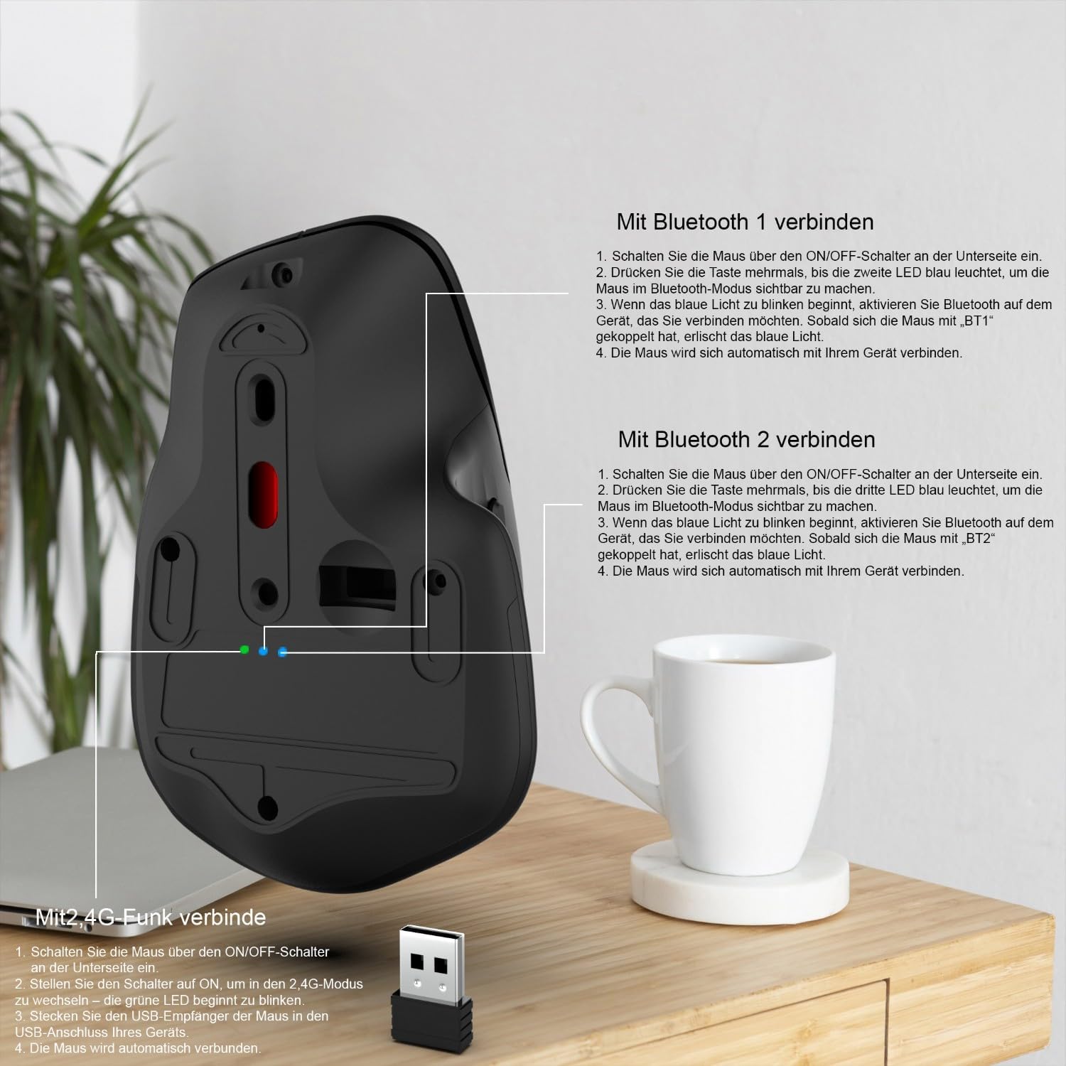 İnca wireless mouse | IWM-553S | 2.4G mouse, 3-mode connection (BT1 5.0 BT2 5.0 & 2.4G) rechargeable battery ergonomic design, silent click | Adjustable DPI (800/1200/1600) for Laptop, Windows