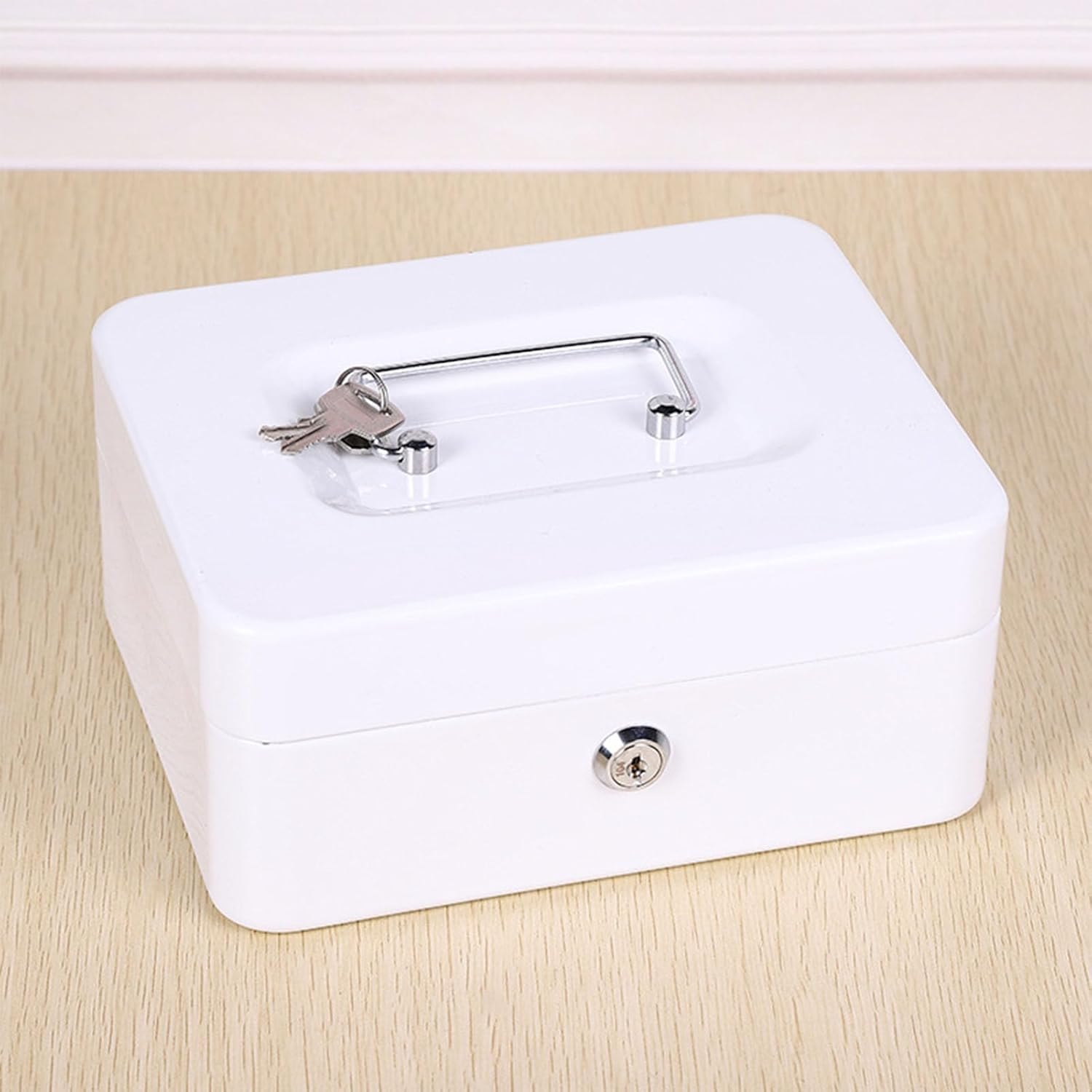 Fireproof Document Box with 2 Keys Lock,Safe Storage Box for Valuables,Large Capacity Portable Document Box Metal Safe Storage Box for Home Car Travel (White)