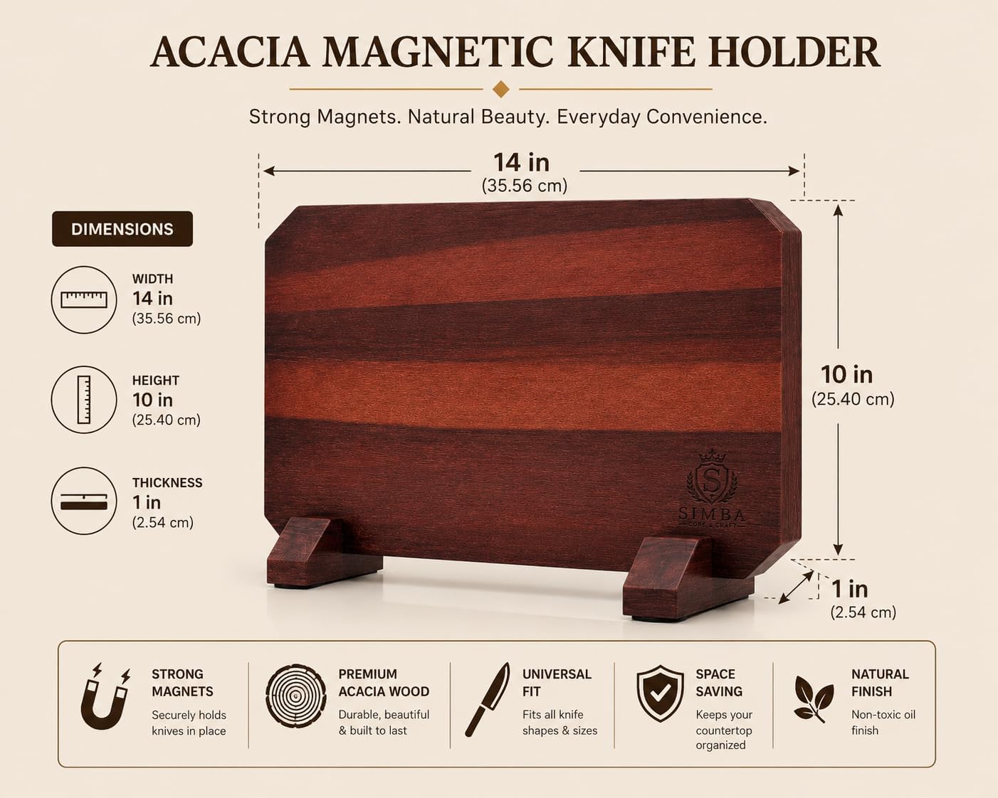 Acacia Magnetic Knife Holder, Double-Sided Magnetic Knife Block, Large Capacity Knife Storage Organizer, Solid Acacia Wood Magnetic Board with Stable Base for Kitchen Knives and Metal Utensils