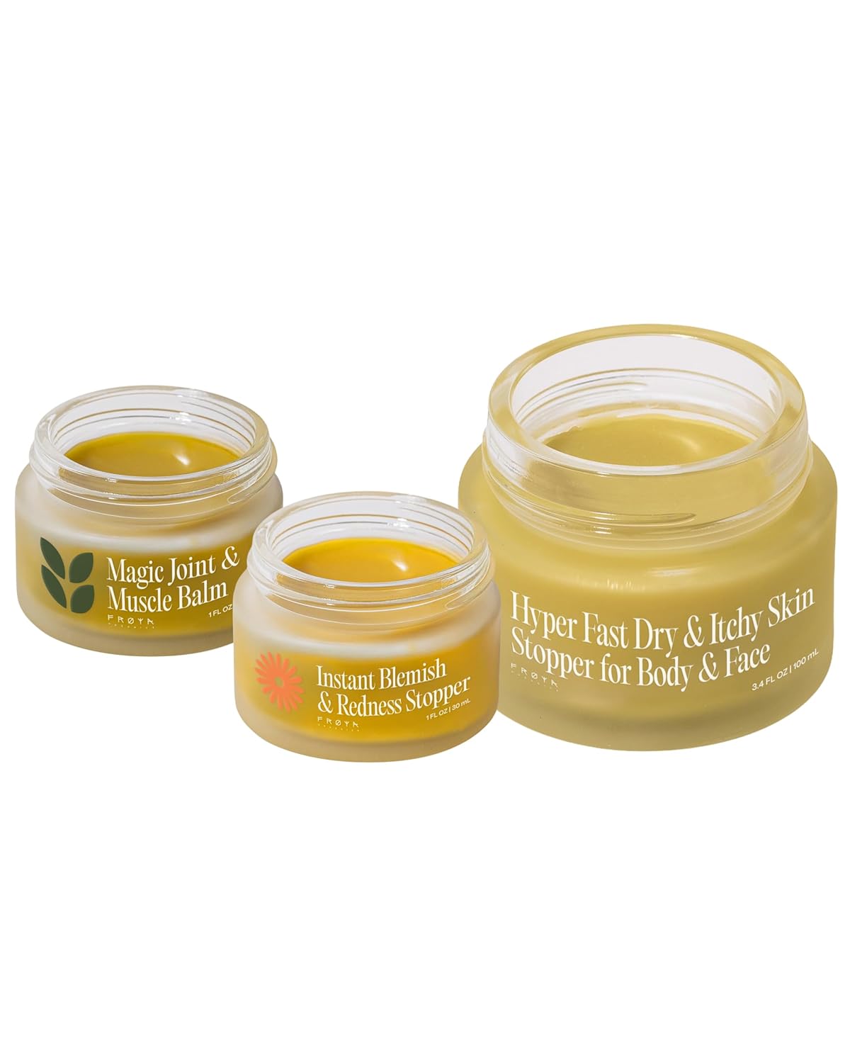 FRØYA Organics The Complete Natural Apothecary for Face & Body | 3 Piece Skincare Set with Moisturizing Balm, Soothing Balm & Massage Balm | Chamomile, Marigold, Eucalyptus & Beeswax | 60 Day Supply