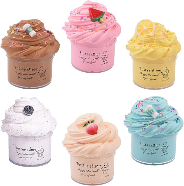 Keemanman 6 Pack Butter Slime Kit with Latte, Watermelon, Lemon, O-REO, Peach and Coffee Charms, Scented DIY Slime Supplies for Girls and Boys, Stress Relief Toy for Kids Education, Party and Gift