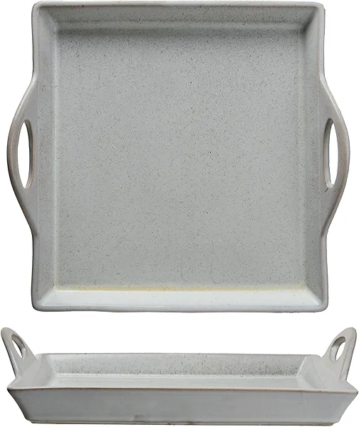 Creative Co-Op Antique Elegance Stoneware Serving Tray with Handles, White