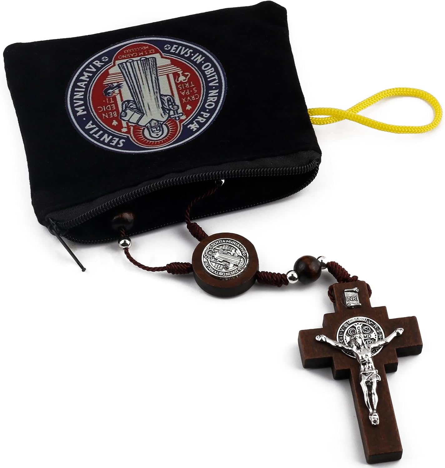 Wood Beads Auto Rosary for Car One Decade Catholic Rosary with St. Benedict Medal Centerpiece and Crucifix Secure Clasp Design for Mirror, Rearview, Home Door Hanging (Dark Brown) - Image 2