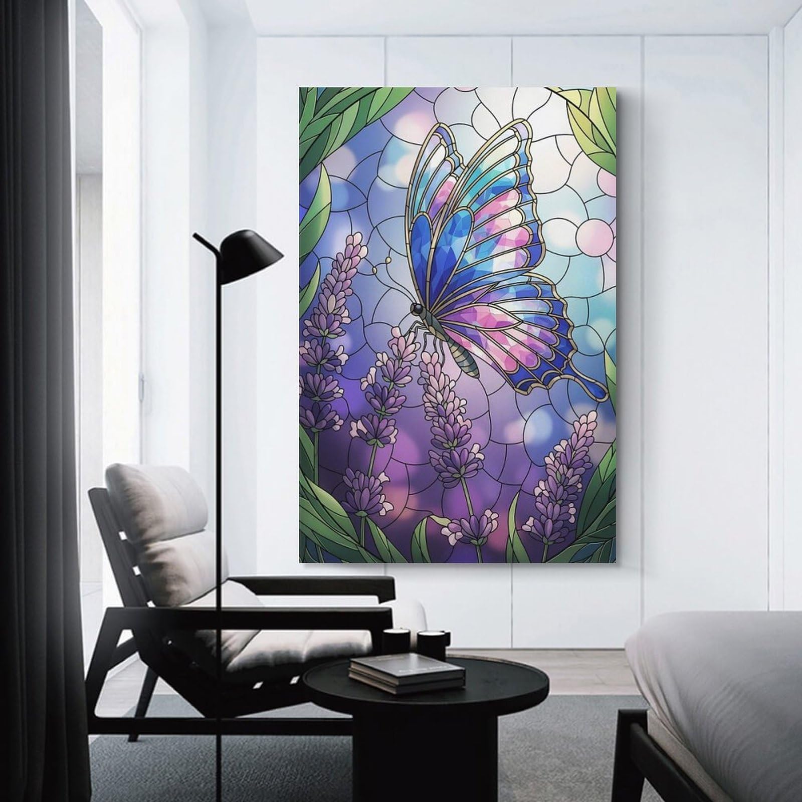 Junmoney Unframe-Style-23 Hanging Wall Art Butterfly And Lavender Stained Glass Art, 16X24inch(40X60cm), For Wall Displays, Bedrooms Or Room Updates, Wall Decor Suited To Curated Displays