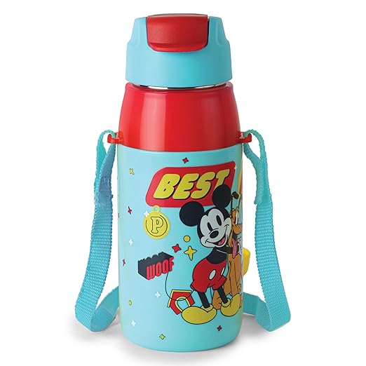 Cello Kidzbee Era Best Pals Inner Steel Insulated Kids Water Bottle, 400 ml, Light Blue | Leakproof Easy to Open Flip Top Cap with Inner Straw | Hot & Cold Water Bottle For Kids School, Picnic, Travel