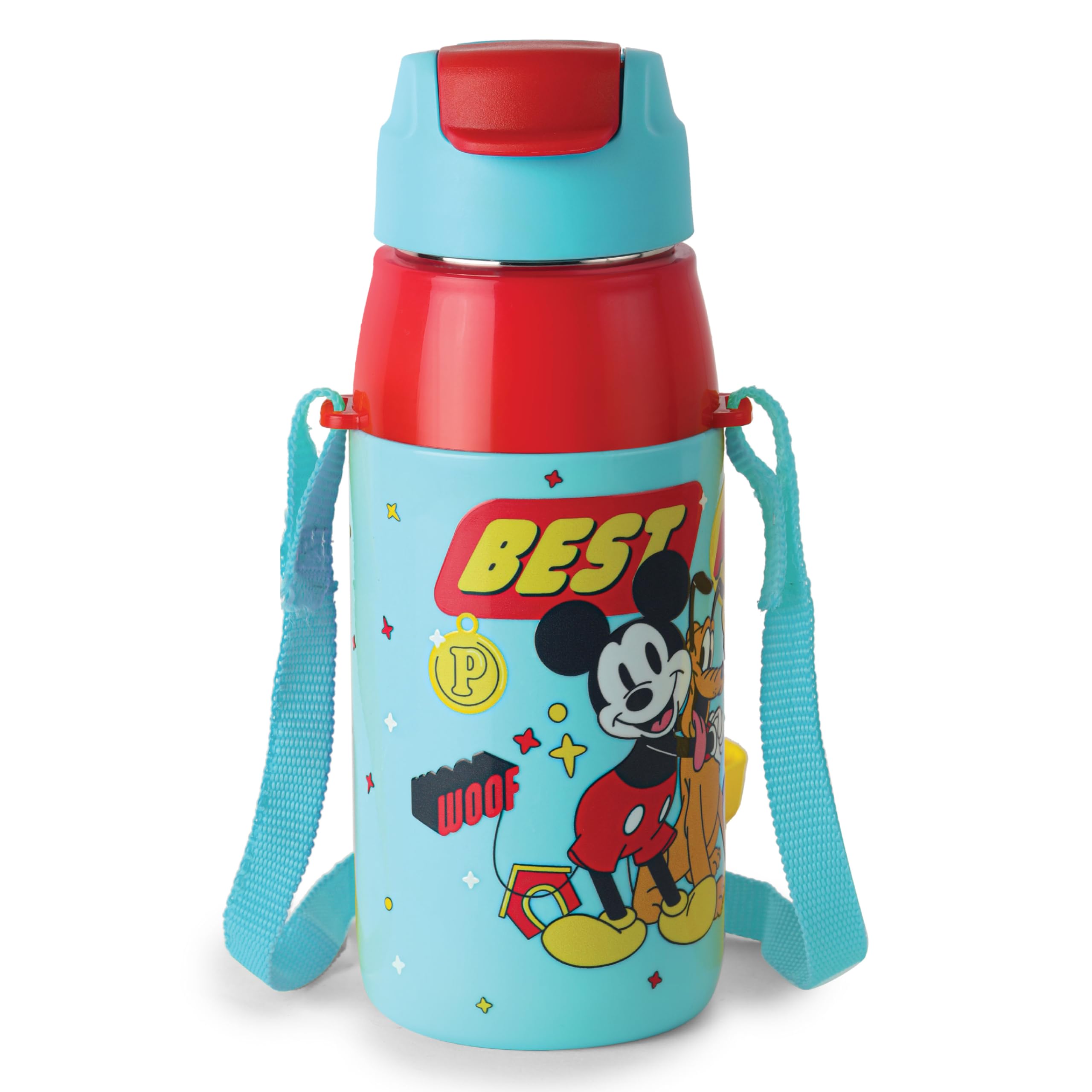 Cello Kidzbee Era Best Pals Inner Steel Insulated Kids Water Bottle, 400 ml, Light Blue | Leakproof Easy to Open Flip Top Cap with Inner Straw | Hot & Cold Water Bottle For Kids School, Picnic, Travel