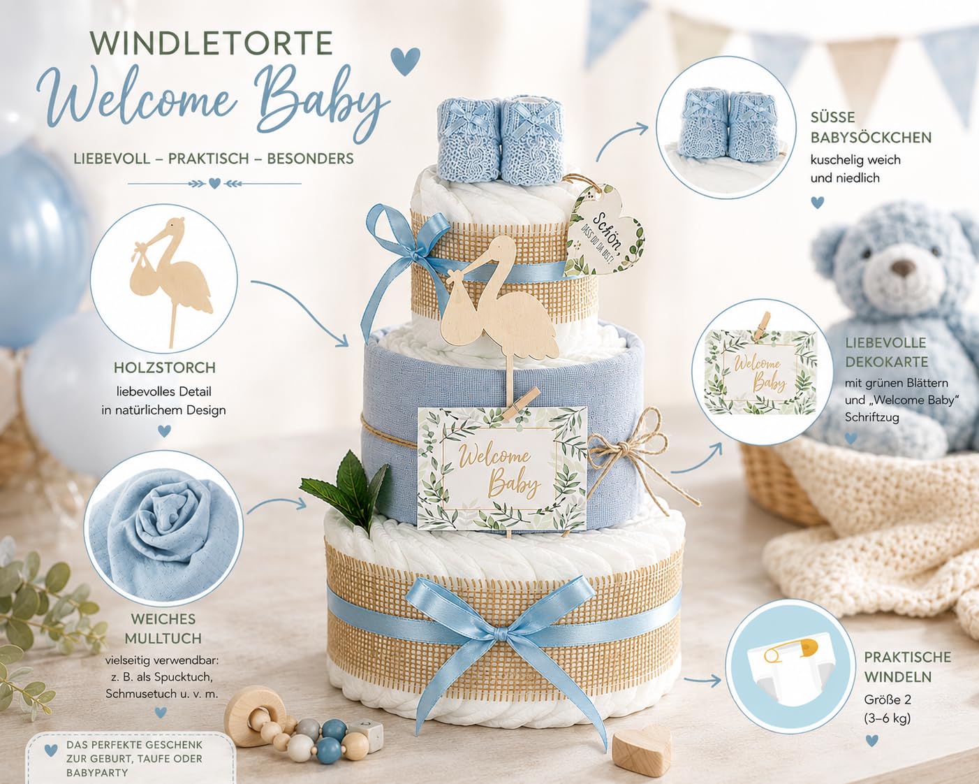 Premium Windeltorte Storch mit Bündel | inkl. Babybooties und Mullwindel | 3-stöckig (blau)