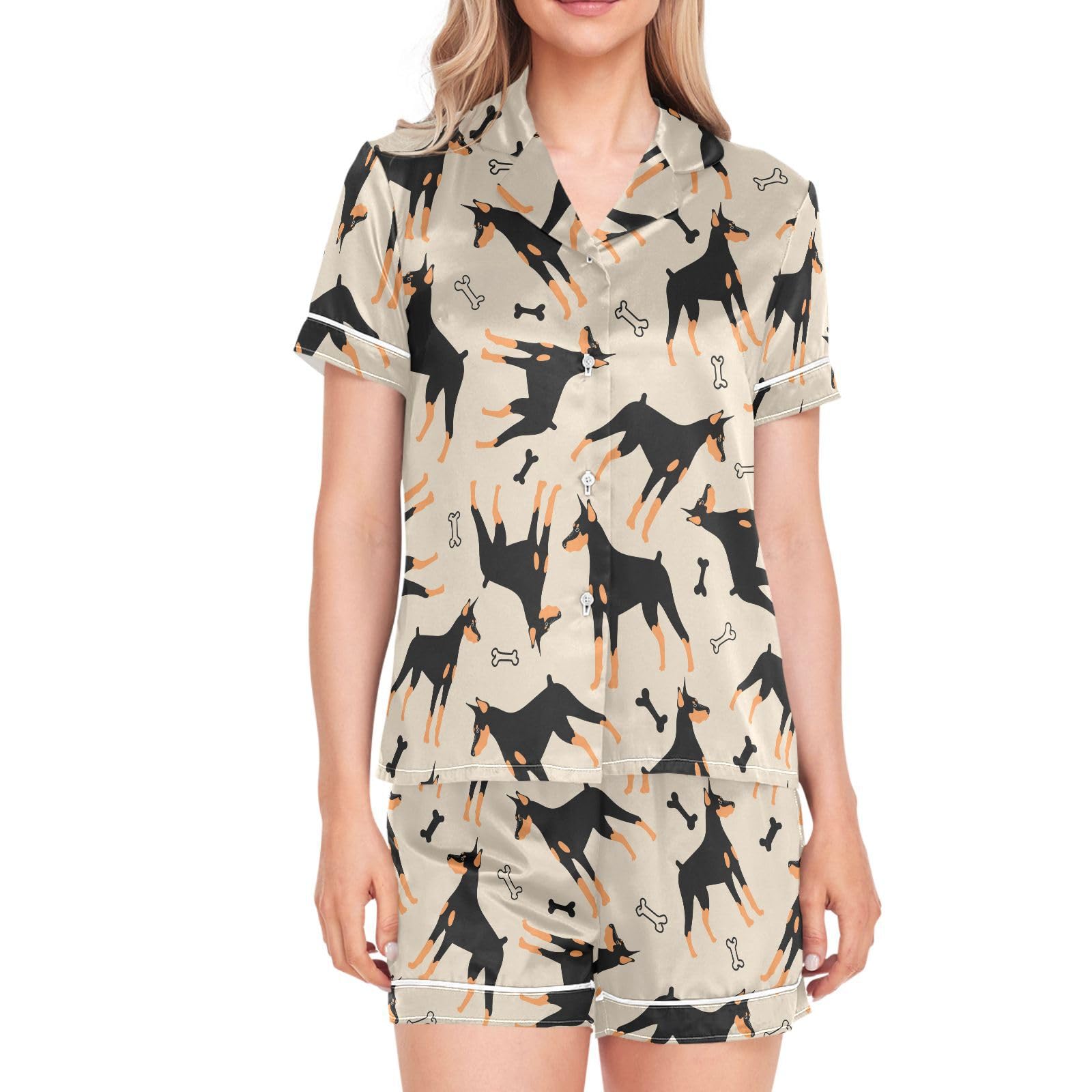 JULYTO Womens Silk Satin Pajamas Set Western Theme Womens Short Sleeve Shorts Set 2 Piece Sleepwear Lounge Set S-XXL