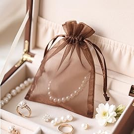 G2PLUS Brown Organza Bags 4x6 In - 100PCS Drawstring Organza Bags, Sheer Mesh Jewelry Pouches, Candy Gift Wrap Pouch for Halloween, Christmas, Wedding Party Favors