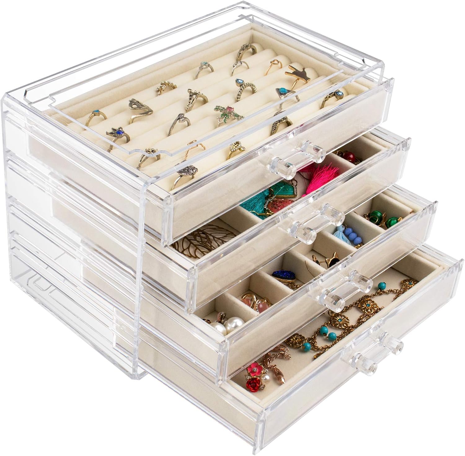 Tasybox Acrylic Jewelry Box with 4 Drawers, Clear Jewelry Organizer Velvet Jewelry Display Case for Ring Earring Bangle Bracelet Necklace Beige