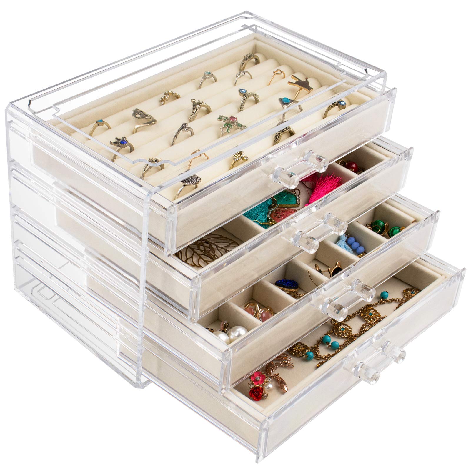 TasyboxAcrylic Jewelry Box with 4 Drawers, Clear Jewelry Organizer Velvet Jewelry Display Case for Ring Earring Bangle Bracelet Necklace Beige