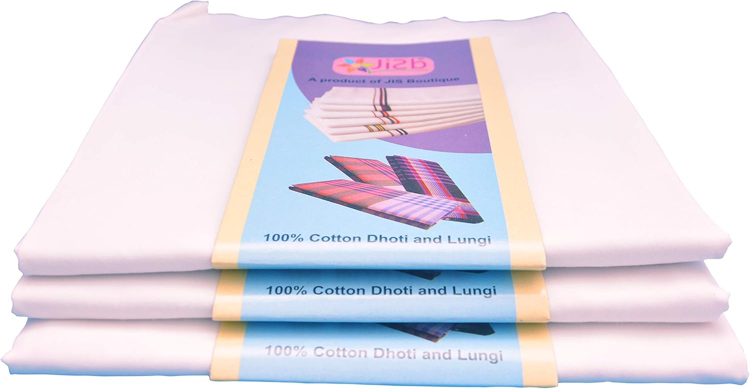 Men's White Cotton Dhoti 3.6 Meter double dhoti, 3 Piece pack
