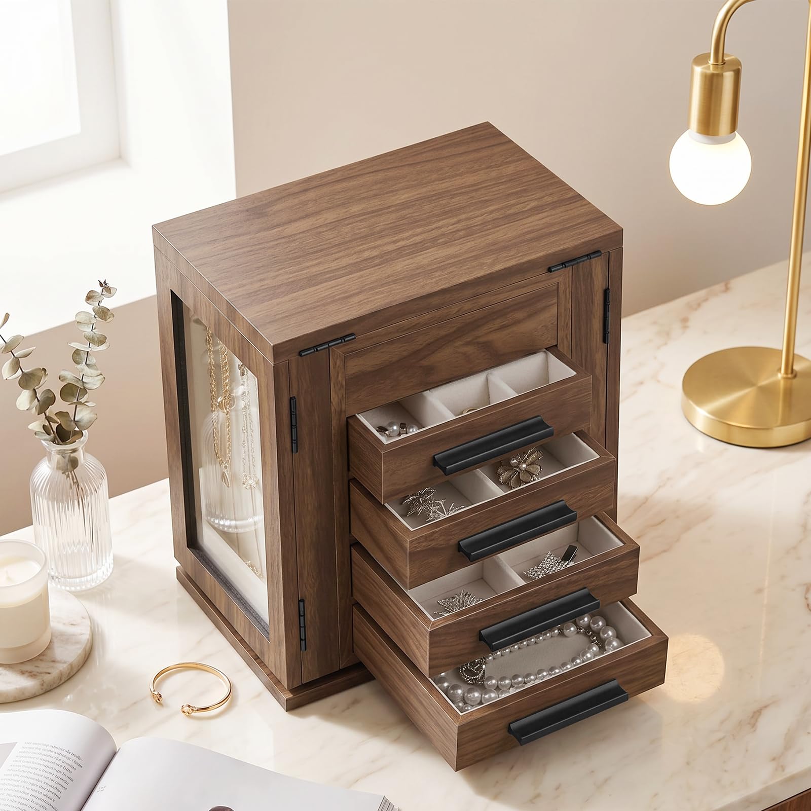 HOOBRO Caja Joyero de Gran Capacidad Giratoria de 360° con 4 Cajones y Espejo, Organizador de Joyas con 3 Puertas de Acrílico, Caja para Collares, Anillos, Pulseras, Nogal EB31JB04