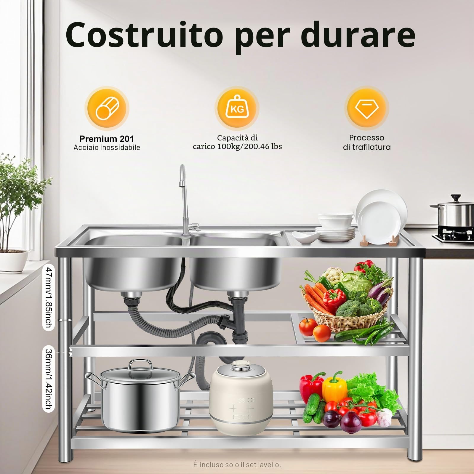 Lavandino da cucina indipendente 2 ciotole doppio lavello da cucina in acciaio inox con rubinetto, supporto e dispositivo di scarico, per esterni, interni, cucina, ristorante