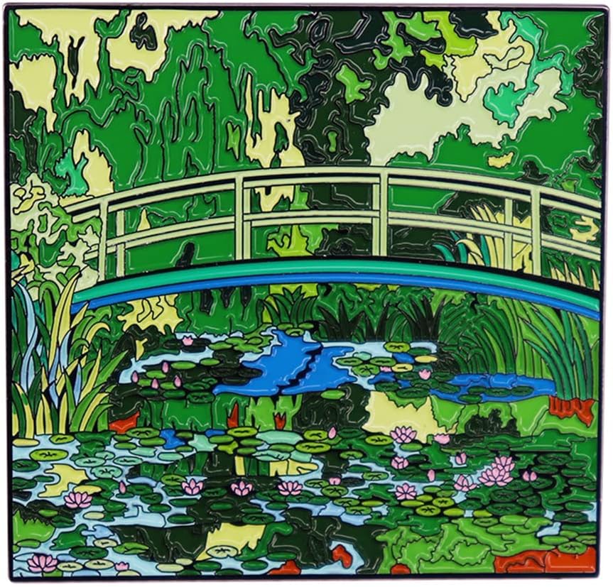 Monet Painting Water Lilies and Japanese Bridge Pin - Blue Metal Artistic Pin - Unisex