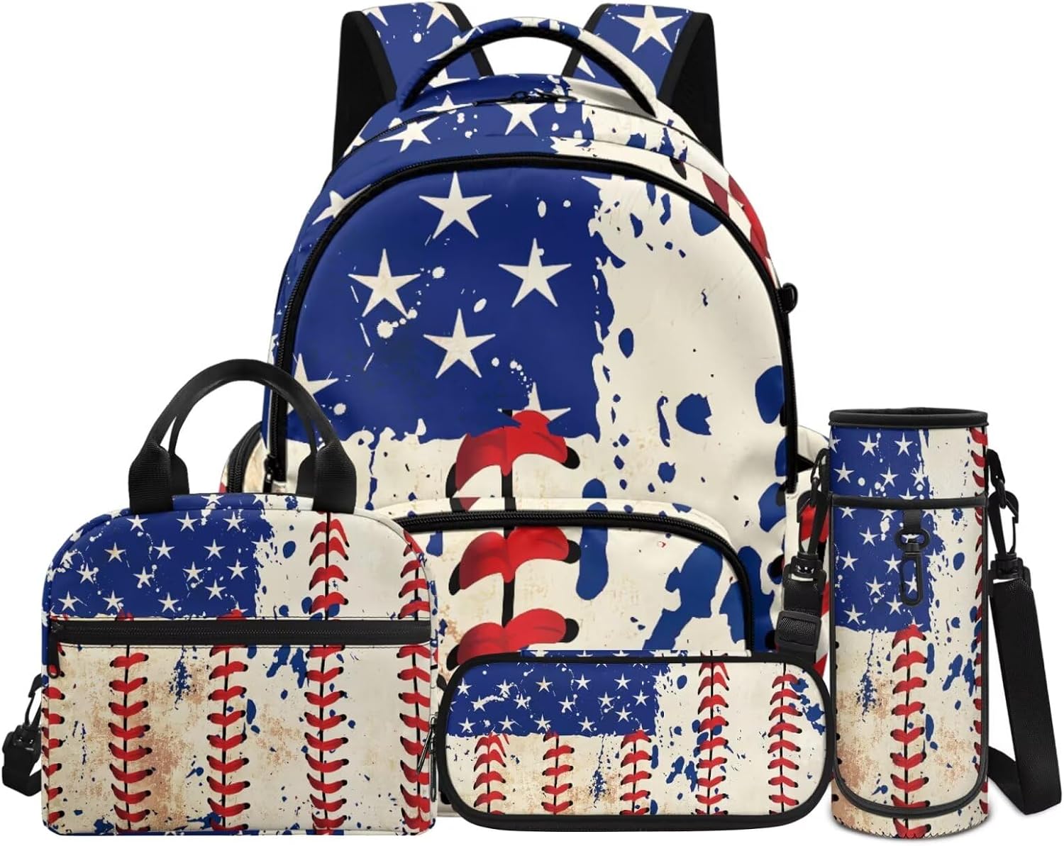 American Flag Eagle Backpack for Boys Kid's School Bag Bookbag with Insulated Lunch Bag and Pen Bag Pencil Case Water Bottle Holder Sling Bag Set