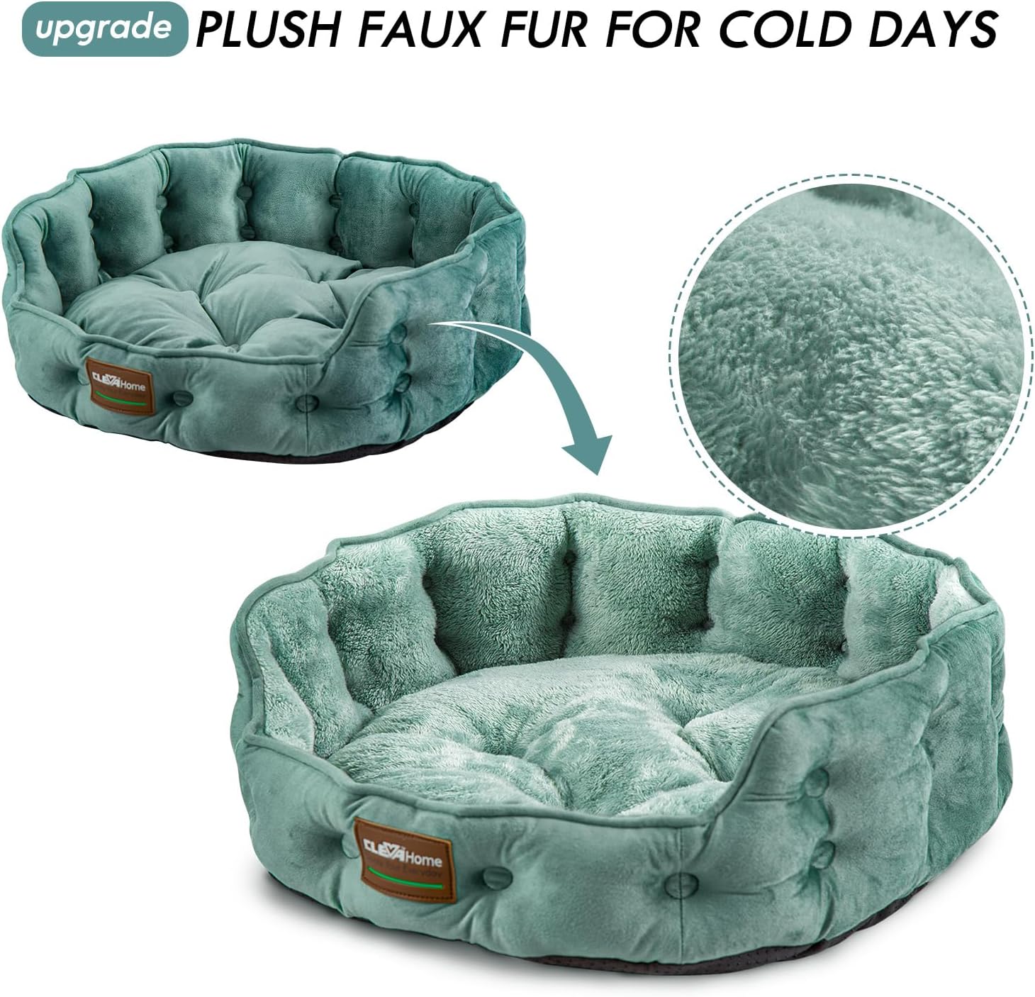 ClevaHome Upgrade Plush Faux Fur Cat Bed - Washable Round Cat Beds for Indoor Cats, Small Dog Bed for Pets up to 15lbs, Reversible Cushion, Non-Slip Bottom (Washed Green)