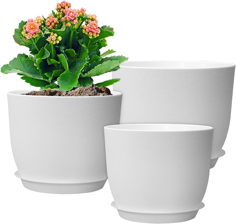 WSMKSZ Macetas grandes de 12/10/9 pulgadas, paquete de 3 maceteros decorativos modernos de plástico con orificios de drenaje y platillos, macetas para plantas de interior y exterior, color blanco